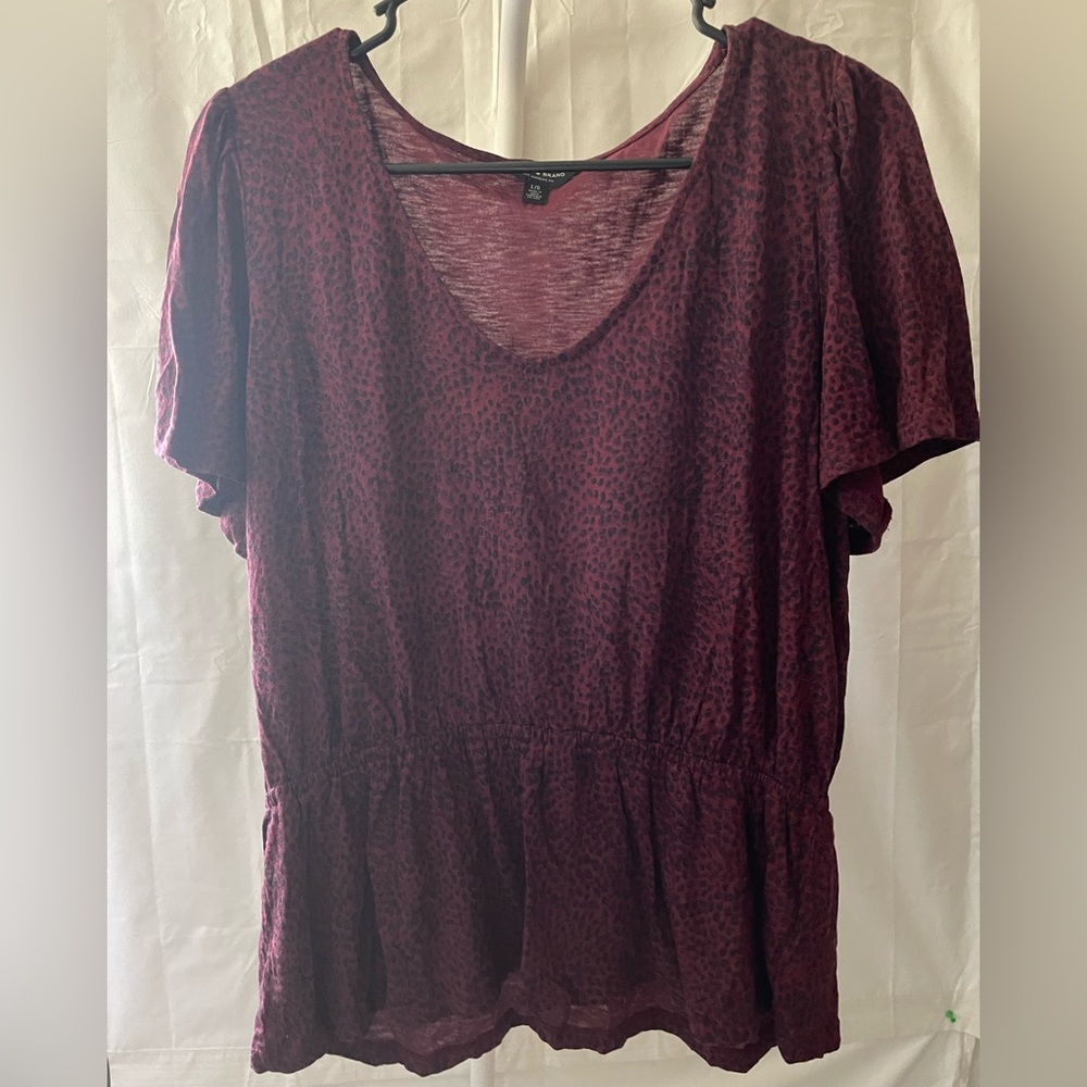Lucky Brand Burgundy Animal Print Short Sleeve Peplum Top